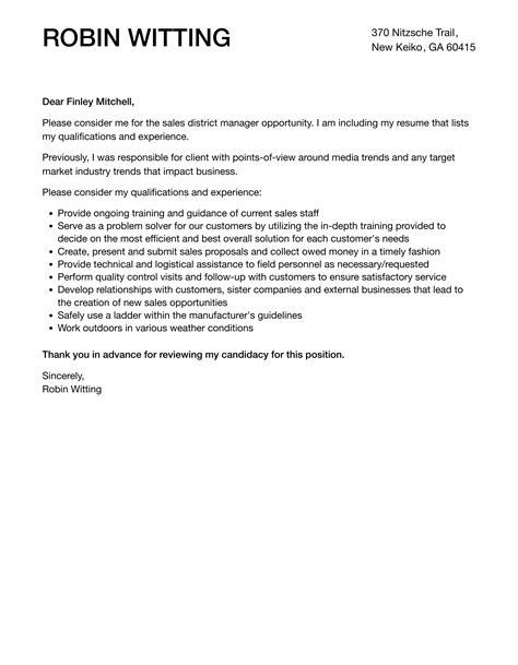 Sales District Manager Cover Letter Velvet Jobs
