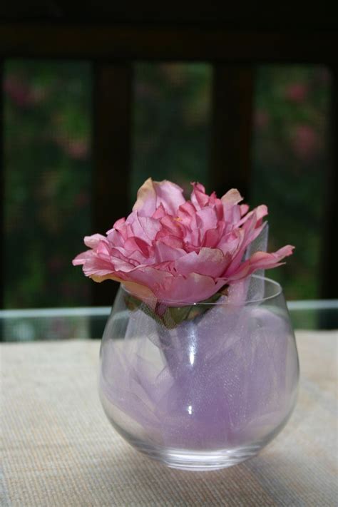 More Flower Decorations Very Simply A Stemless Wine Glass With Lavender Tulle And A Silk Flower