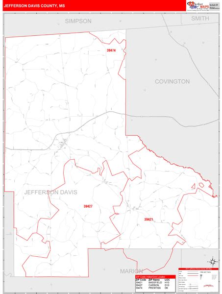 Jefferson Davis County Ms Zip Code Wall Map Red Line Style By Marketmaps