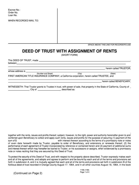 Short Form Deed Of Trust And Assignment Of Rents Fill Out And Sign