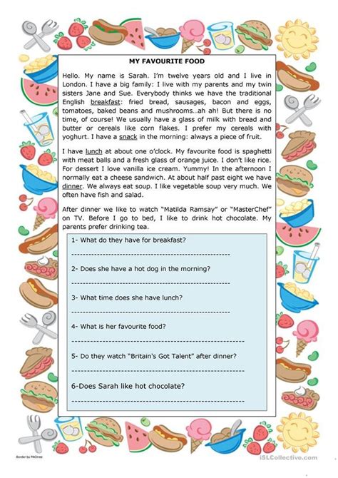 favourite food worksheet  esl printable