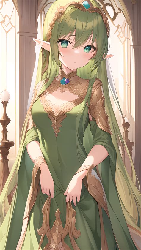 Ai Art Elf Princess Dress Green Hair Vertical Anime Girls Pointy Ears Long Hair Wallpaper