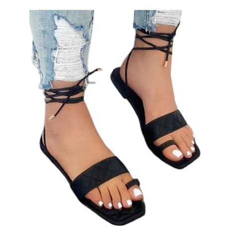 Kamaos Women Strappy Gladiator Flat Sandals Toe Ring Summer Beach Lace