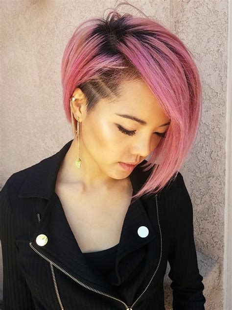 Rose Goldfaded Pink Asymmetrical Long Pixie With Shaved Side Thick