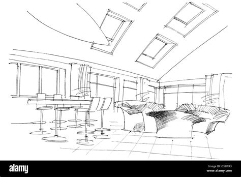 Black And White Drawing Of A Modern Lounge Place With Sofas And High