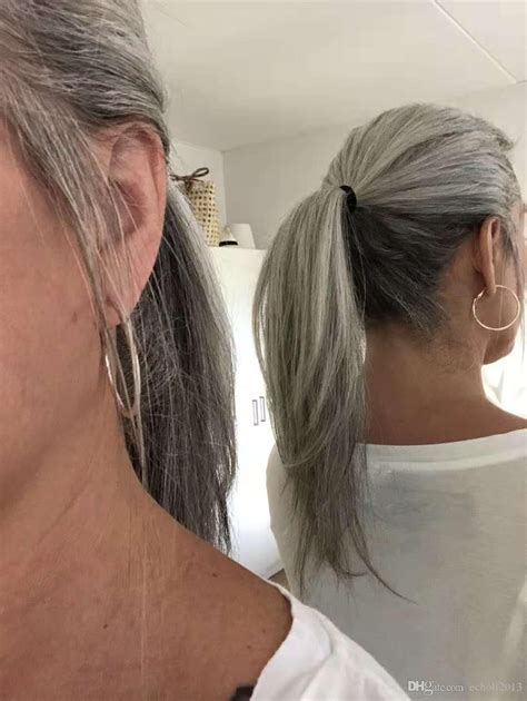 Silver Grey Human Hair Pony Tail Hairpiece Wrap Around Dye Free Natural