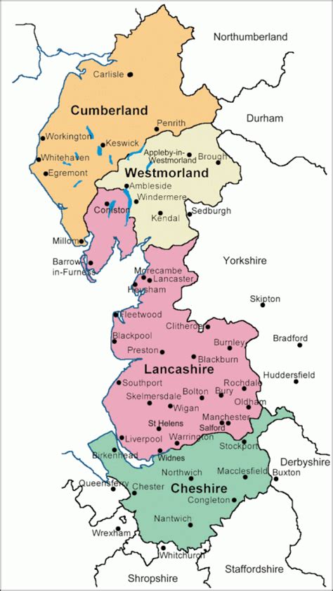 A Map Of Lancashire Showing Liverpool On The South Coast Bordering Cheshire Lancashire
