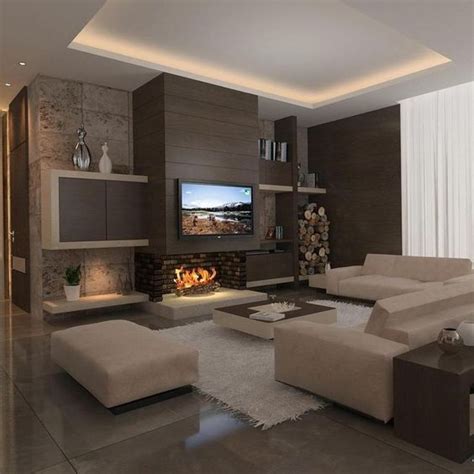 Modern Living Room With Fireplace And Flat Screen Tv On The Wall In