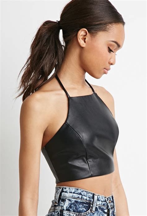 Faux Leather Halter Crop Top Women Leather Jackets Women Leather Outfit