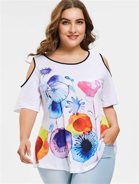 Wipalo Plus Size 5XL Jellyfish Print Cold Shoulder T Shirt Women Summer