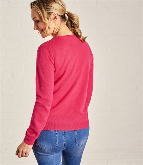 Fuchsia Pink Womens Cashmere And Merino V Neck Knitted Sweater