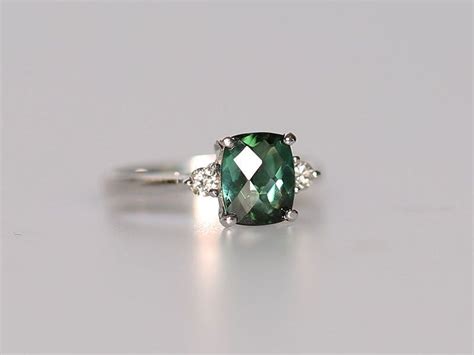 Green Tourmaline Diamond Ring In 14k White Gold Etsy Green