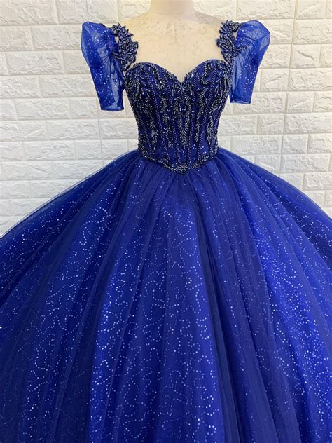 Royal Blue Short Sleeves Or Cap Sleeves Sparkle Beaded Ball Gown Weddingprom Dress With Glitter