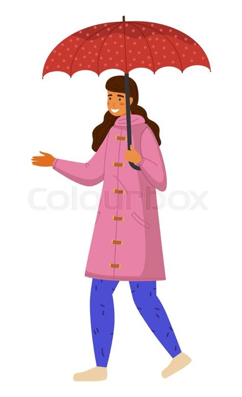 Happy Girl In Pink Raincoat And Blue Stock Vector Colourbox