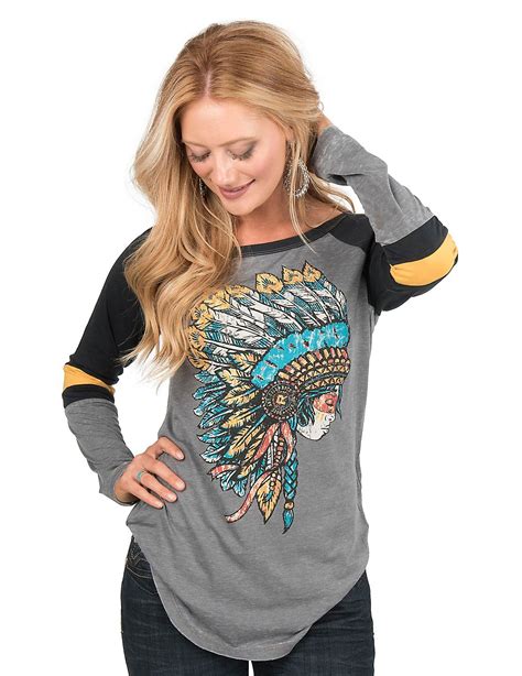 Rock And Roll Cowgirl Womens Charcoal With Multi Colored Headdress Graphic Long Sleeve Casual