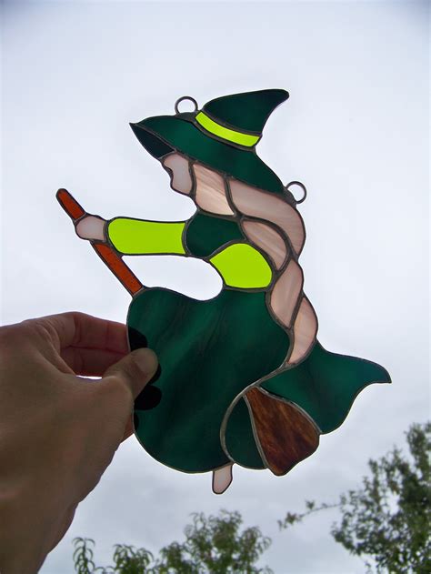 Flying Witch Stained Glass Halloween Decoration Folklore Etsy