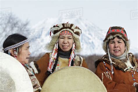 kamchatka peninsula russia feb 5 2012 womens dressed in the koryak national costume with