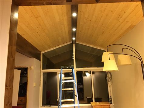 Tech lighting cable with exposed beam ceilings my design42. Pine Faux Beam with Recessed Lighting | dave eddy