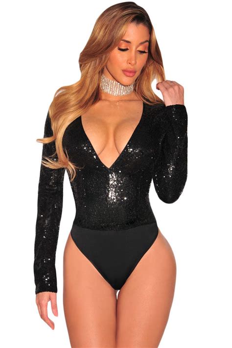 sexy black sequins spliced bodice long sleeves bodysuit sexy affordable clothing