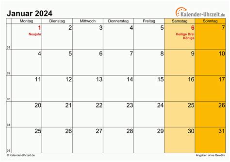 Januar 2024 Kalender Mit Feiertagen