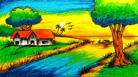 Landscape Scenery Drawing With Oil Pastels Easy