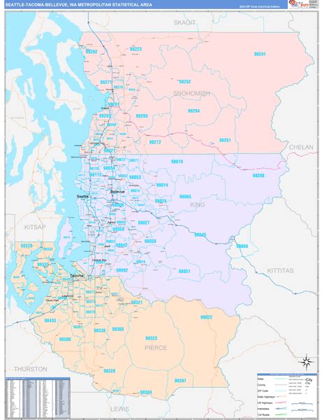 Seattle Tacoma Bellevue Metro Area Wa Zip Code Maps Color Cast