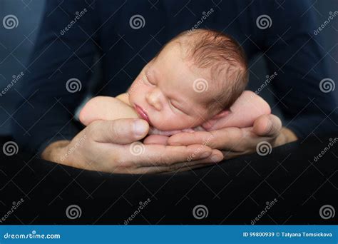 Beautiful Baby Boy Sleeping Peacefully In Fathers Hands Infant Stock