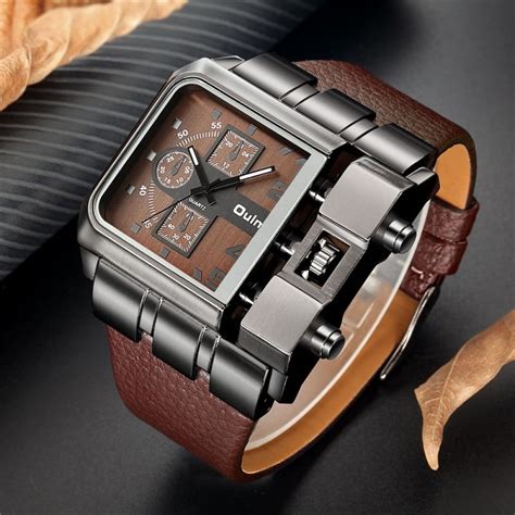 oulm brand original unique design square men wristwatch wide big dial casual leather strap