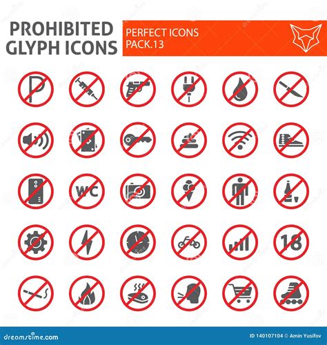 Prohibited Glyph Icon Set Warning Symbols Collection Vector Sketches