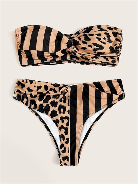 Half Striped And Leopard Twist Bandeau Swimsuit With Bikini Bottom