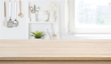 Wooden Texture Table Top On Blurred Kitchen Window Background Stock