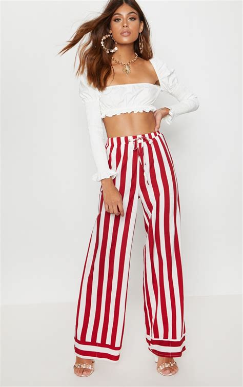 Red Drawstring Waist Stripe Pants Prettylittlething Usa