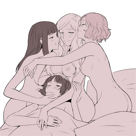 Rule 34 4girls Ann Takamaki Arms Around Neck Ass Bangs Bed Bed Sheet Blanket Blunt Bangs Blush