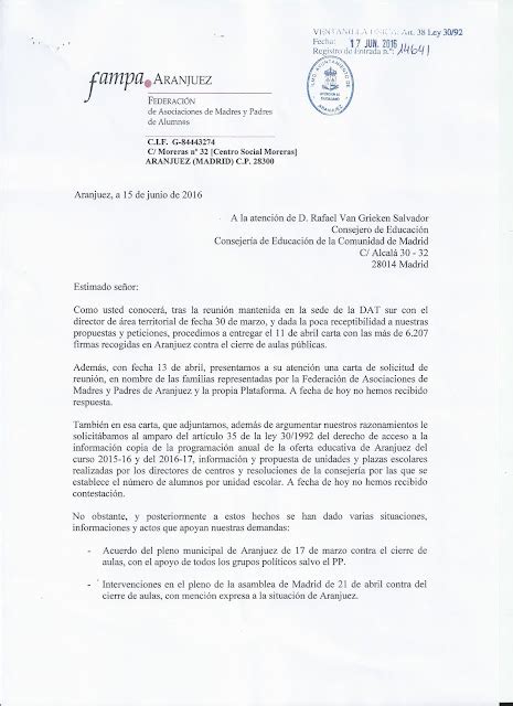Mareaverde Carta Al Consejero De Educación De La Fampa De Aranjuez La