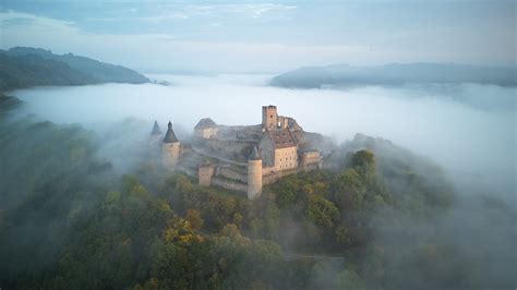 Wallpaper Castle Fog Mountains Trees Morning Top View 3840x2160