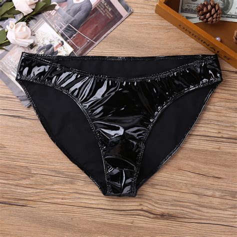 Mens Comfy Patent Leather Briefs Panties Underwear With Open Front