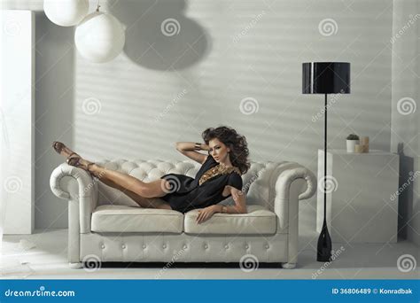 Sensual Brunette Lady Lying At Luxury Couch Stock Image Image Of House Beautiful