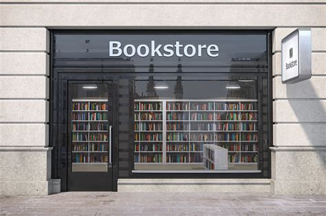Bookstore Shop Exterior With Books And Textbooks In Showcase Stock