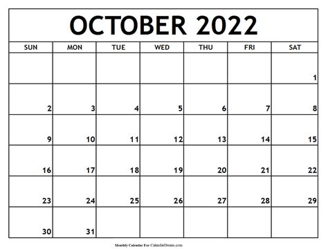 Blank October 2022 Calendar Printable Template In Pdf