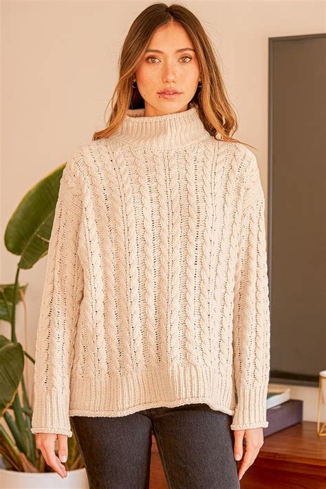 Cable Knit Sweater Beige Chenille Sweater Turtleneck Sweater Lulus