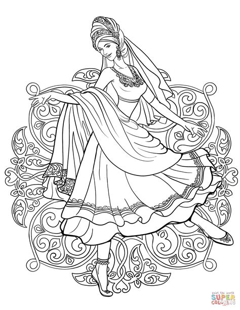 Indian Woman Dancing in a Traditional Dress coloring page | Free Printable Coloring Pages
