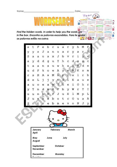 Word Search Months And Days Of The Week Esl Worksheet
