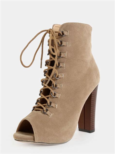 Lace Up Suede Stacked Heel Boots TAUPE SheIn Sheinside