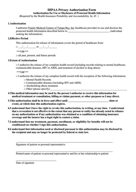 Hipaa Privacy Authorization Form Authorization For Use Or Disclosure