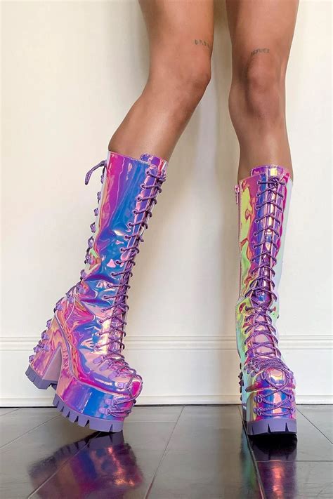 Pink Blue Iridescent Reflective Platform Lace Up Boots Floralkini