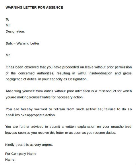 Sample Warning Letter For Excessive Absenteeism Onvacationswall Com