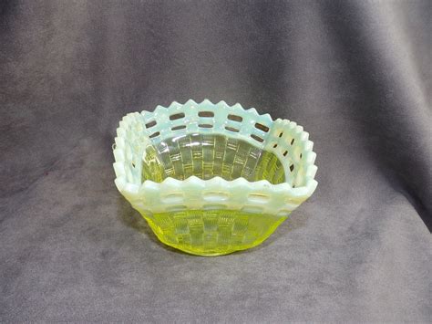 Fenton Basket Weave Opalescent Vaseline Glass Dish Etsy
