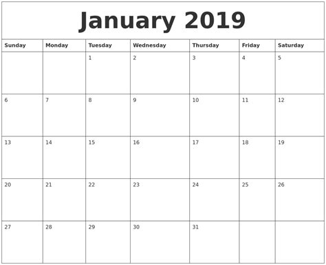 January 2019 Free Printable Calendar Templates