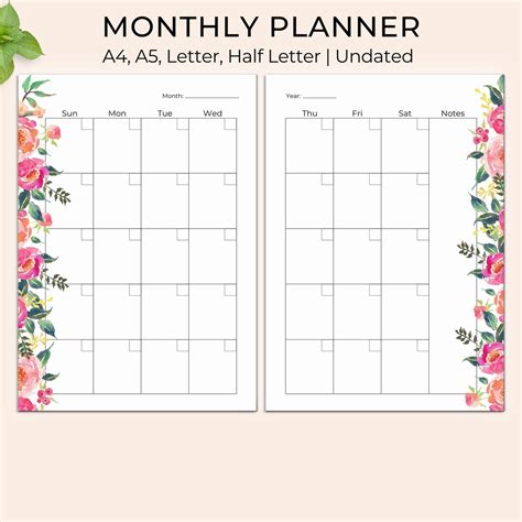 Monthly Planner Printable Undated Monthly Planner Floral Monthly