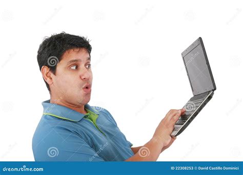 Young Man Standing Holding A Laptop Computer Stock Image Image Of